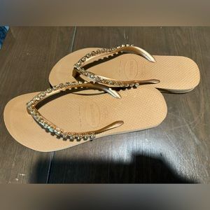 Havaianas rose gold with rhinestones flip flops